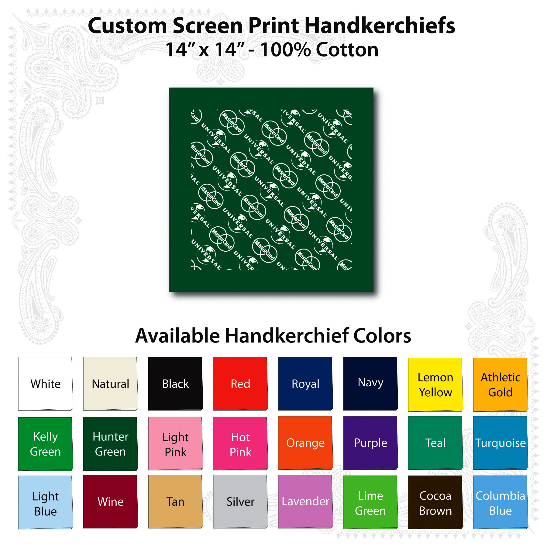 14"x14" Hunter Green Custom Printed Imported 100% Cotton Handkerchief